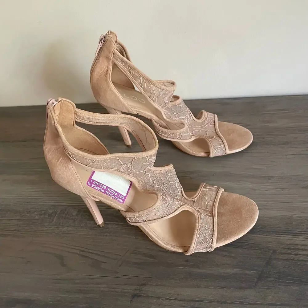 ALDO Womens 8 Nude Lace Mesh Cutout Stiletto Heels Back Zip Sandals